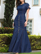 Vestido largo de mezclilla con cuello redondo, estilo patchwork, corte entallado y azul marino
